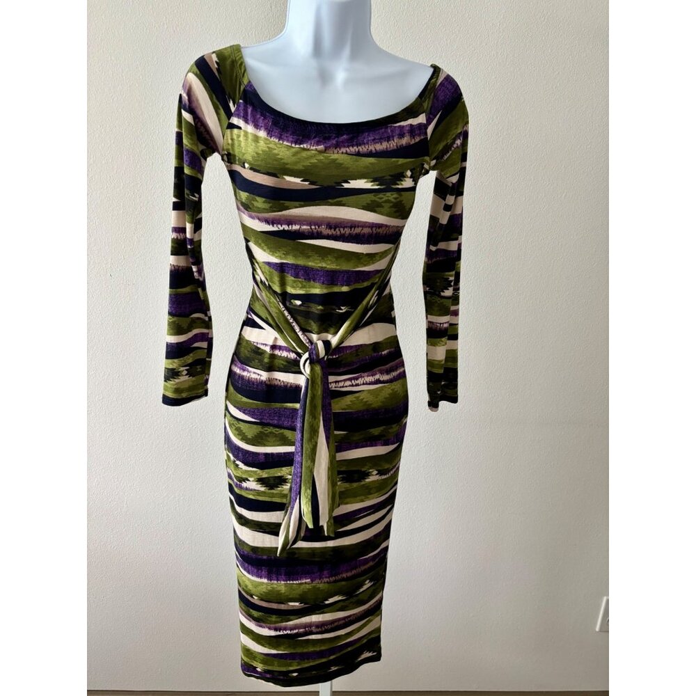 VTG Codigo Dress Small Aztec Print BodyCon Midi Tie Waist Boho Glam Clean Girl
